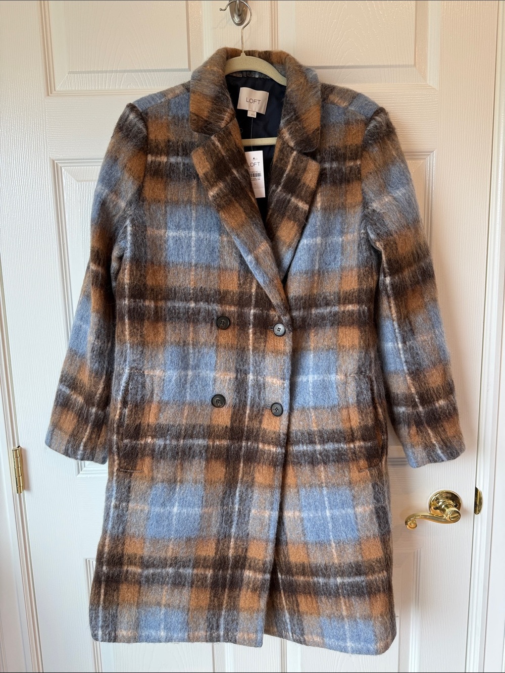 LOFT Plaid Double-Breasted Wool-Blend Coat in Blue & Brown
